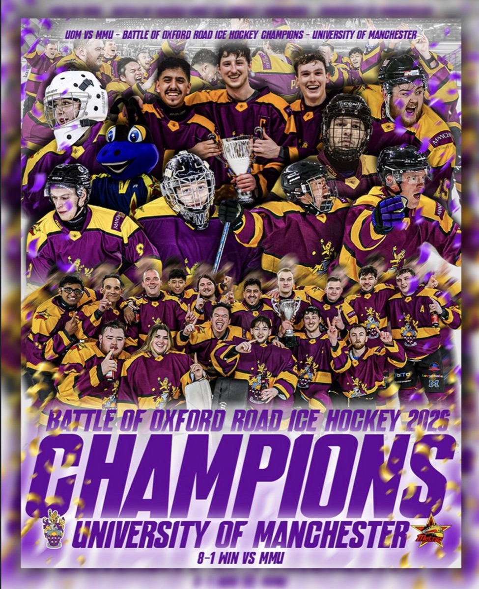 University of Manchester Battle of Oxford Road Champions 2025-26 poster, 8-1 win vs MMU